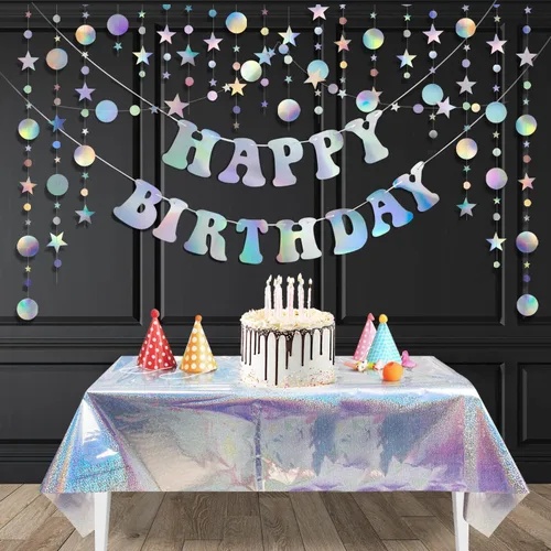 Miniatura 2 de Decoración iridiscente de fiesta de feliz cumpleaños, pancarta de feliz cumpleaños, guirnalda de círculos iridiscentes, cortina de flecos, mantel