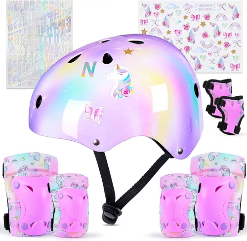 Casco para niños, casco de bicicleta para niños pequeños con pegatinas DIY Unicornio, rodilleras y coderas ajustables, juego de protección para Rosa