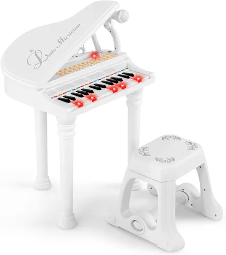 Miniatura 11 de Honey Joy - Piano mini clásico para niños con atril y taburete, piano electrónico portátil, instrumento musical educativo, juguete con micrófono