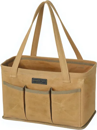 Bolsa de herramientas de lona encerada duradera de 16 onzas con marco de metal, bolsa de almacenamiento de herramientas tipo tote grande plegable de