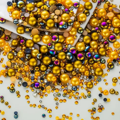 Miniatura 36 de 60g de Perlas Acuamarina Dorada con Diamantes de Imitación para Manualidades Tamaño Mixto 3mm-10mm Color AB Redondas Perlas Medias Planas Conjunto
