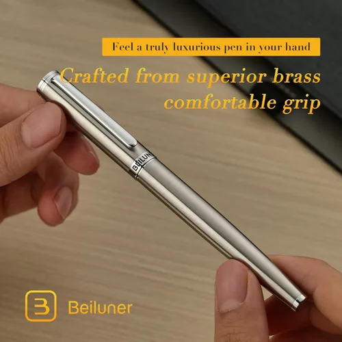 Miniatura 6 de BEILUNER Conjunto de pluma estilográfica de lujo, plumín fino sólido bañado en oro 24K, cuerpo de acero inoxidable plateado - Incluye 6 cartuchos