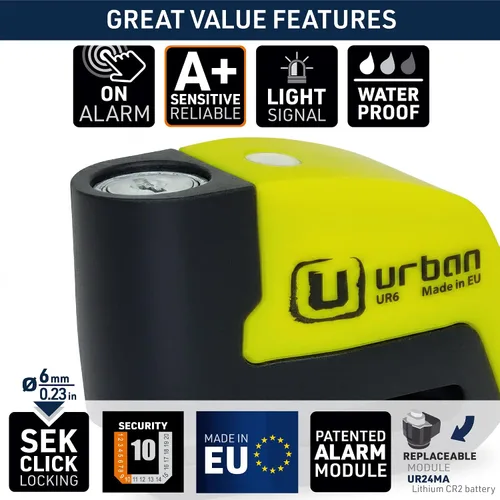 Miniatura 12 de Candado con alarma para el disco de freno Urban UR6 para motocicleta y bicicleta de 0.23 in y 120 dB, universal, resistente al agua con cable