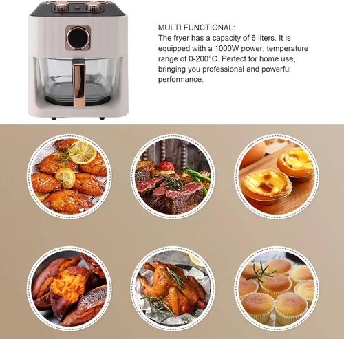 Miniatura 6 de Freidora de aire inteligente con ventana visual, capacidad de 6 L, control de temperatura, blanco, para comidas, freír, asar, recalentar
