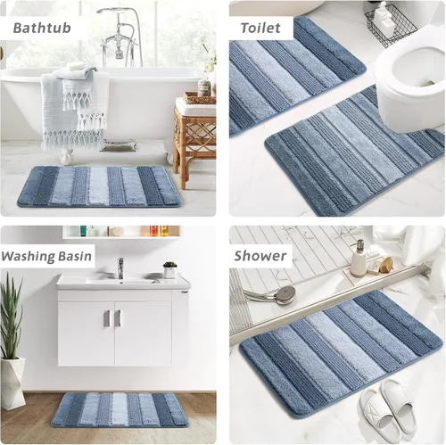 Miniatura 7 de Kmson Juego de 3 alfombras de baño de chenilla ombré, antideslizantes, ultra suaves, lavables, alfombras de baño peludas para bañera, tapete de Azul