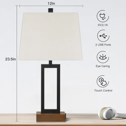 Miniatura 5 de Lolikit Juego de 2 lámparas de mesa de 25 pulgadas, lámpara de mesa moderna para sala de estar con 2 puertos de carga USB, lámpara de noche Gris