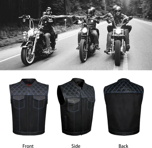 Miniatura 5 de GARGOYLE BELLS Chaleco de moto de mezclilla y cuero para hombre con bolsillos para pistola SOA Biker Club Chaleco con acolchado de diamante