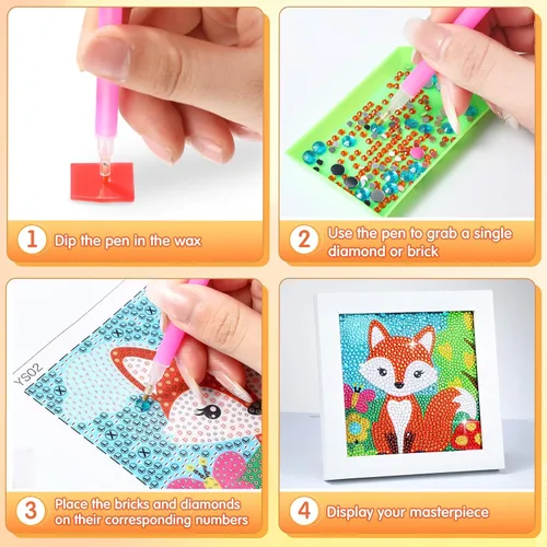 Miniatura 3 de SATINIOR Kit de pintura de diamante de zorro para niños, marco de madera de 7.1 x 7.1 pulgadas, manualidades de diamantes con temática de zorro, Fox