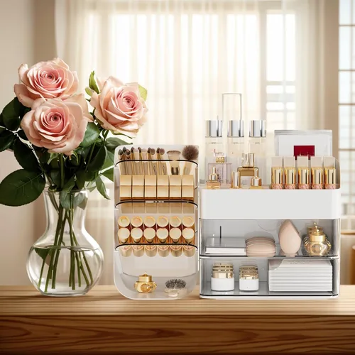 Miniatura 5 de Organizador de Maquillaje con 2 Cajones M y Portacepillos - Estuche de Almacenamiento de Cosméticos para Tocador, Encimera de Baño y Escritorio