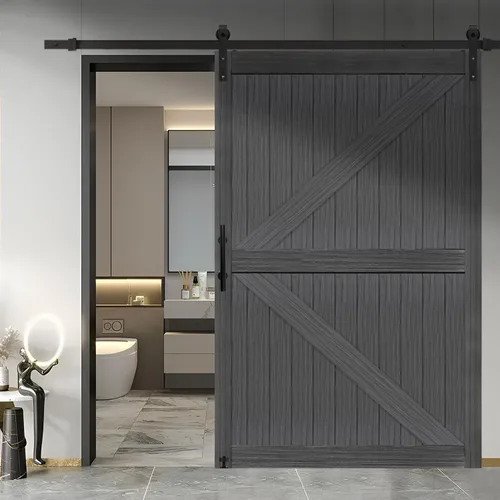 Miniatura 27 de S&Z TOPHAND® Puerta de granero doble de MDF de 18 x 84 pulgadas con kit de herrajes para puerta corredera de 6 pies, tablero sólido de puerta