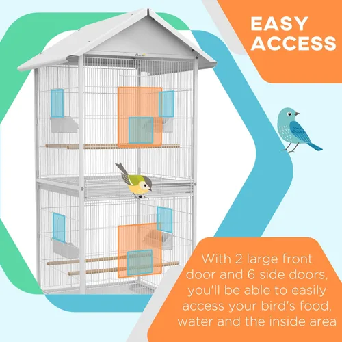 Miniatura 4 de PawHut Comedero de jaula de pájaros de metal forjado con soporte rodante, posaderas, contenedores de alimentos, puertas, ruedas, 67 pulgadas