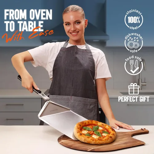 Miniatura 2 de KitchenStar Pala de pizza de metal de 12 pulgadas con mango plegable, paleta de espátula de acero inoxidable para transferencia de pizza sin