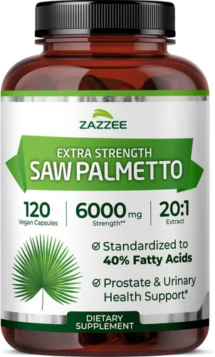 Zazzee Extracto de Saw Palmetto 20:1 Extra Fuerte, 6000 mg de Fuerza, 40% Ácidos Grasos, 120 Cápsulas Veganas, Suministro de 4 Meses, Extracto