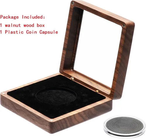 Miniatura 2 de Caja de presentación de monedas de madera de nogal individual con tapa transparente y cápsulas de monedas de plástico con junta ajustable