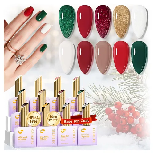 gelike ec Juego de esmaltes de gel de Navidad: esmalte de uñas de gel altamente pigmentado con capa base libre de hema y tarjetas de color de