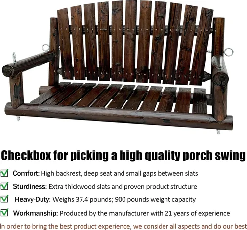 Miniatura 4 de 3.5 FT Rustic Log Wooden Porch Swing, Heavy-Duty 900 LBS, Outdoor Hanging Bench for Patio, Garden, Yard – Solid Fir Wood, Handcrafted