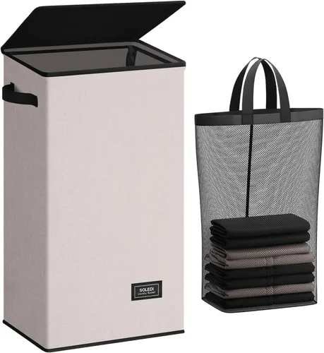 Miniatura 35 de SOLEDI - Canasta de lavandería con tapa de 100L, canasta de ropa plegable grande y alta, cesta de lavandería con bolsa removible fácil