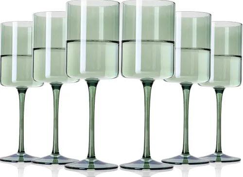 Miniatura 8 de Juego de 6 copas de vino ámbar de 14 onzas sopladas a mano cuadradas de color con tallos altos y largos, juego moderno para todas las ocasiones