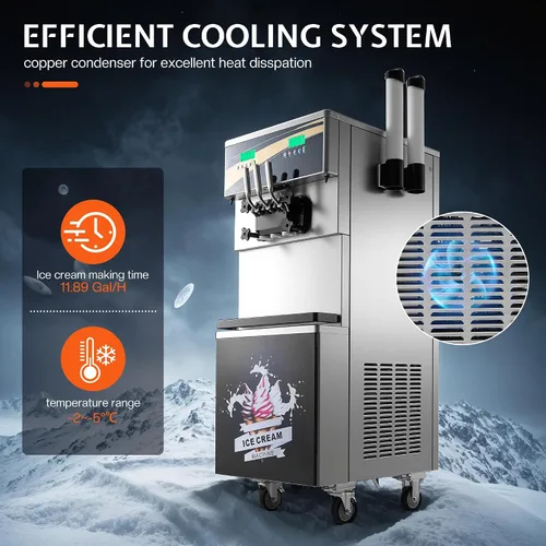 Miniatura 7 de Jocisland Máquina de helado suave comercial de 45L/H, máquina de helado de 3 sabores de 2900 W, compresores duales, cilindro de acero inoxidable