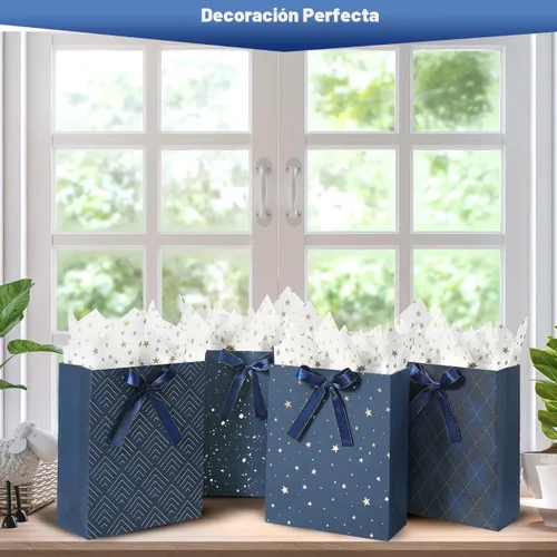 Miniatura 6 de KomoLeay Paquete de 4 bolsas de regalo de tamaño mediano de 9 pulgadas, bolsas de regalo azules de alta calidad con papel de seda para cumpleaños