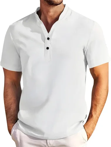 Miniatura 13 de Camisa de lino para hombre, manga larga, Henley, casual, verano, grande, alta, algodón, ligera, para negocios, trabajo, vacaciones, crucero