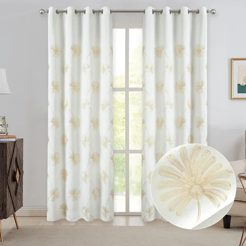 Miniatura 31 de VOGOL - Cortinas con ojales bordadas con patrón floral elegante de lino sintético, 2 paneles, 60% opacas con aislamiento térmico, cortinas pesadas