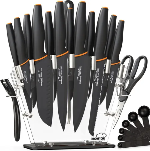 Juego de cuchillos Amorston, juego de 22 piezas para cocina con bloque de acrílico, apto para lavavajillas con afilador, acero inoxidable de alto