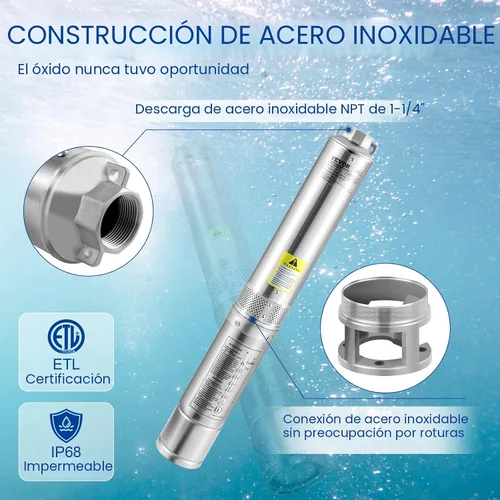 Miniatura 4 de VEVOR - Bomba sumergible de acero inox. de 4 pulg para pozo profundo, 1HP 230V/60Hz, flujo de 37 GPM, cabezal de 207 pies, cable eléctrico de 33