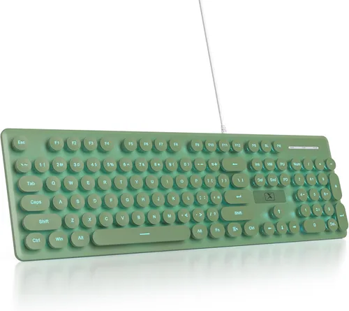 Miniatura 11 de Teclado de máquina de escribir retro con cable, teclado silencioso de computadora iluminado con 104 teclas redondas de tamaño completo, Azul