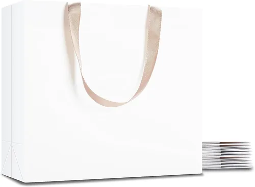 Miniatura 35 de Bolsas de regalo blancas con asas, 10 bolsas pequeñas de papel blanco de 5.25 x 3.75 x 8 pulgadas con asas de cinta, bolsa de compras de papel kraft