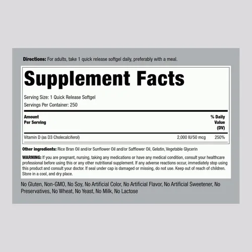 Miniatura 2 de Piping Rock Vitamina D3 2000 UI 250 cápsulas blandas Alta potencia Suplemento colecalciferol Sin OMG, sin gluten