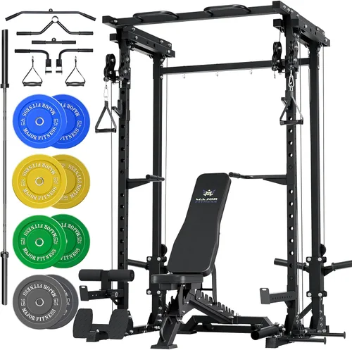 Miniatura 11 de MAJOR FITNESS Drone3 Power Rack, banco de sentadillas para gimnasio en casa de 2500lbs multifunción con sistema de polea doble, barra de tracción