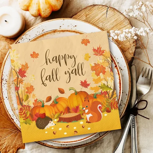 Miniatura 6 de Whaline Paquete de 80 servilletas de papel de otoño coloridas de calabaza con hojas de otoño para almuerzo, servilletas desechables de postre