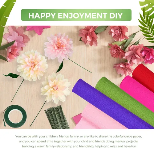 Miniatura 6 de 24 rollos de papel crepé de 15 colores de 8 pies, serpentina de papel crepé de 10 pulgadas con 50 piezas de alambre de hierro floral verde, 1 rollo