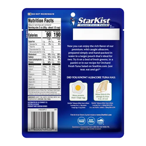 Miniatura 2 de StarKist Albacore Atún blanco en agua, bolsa de 6.4 onzas (paquete de 1) listo para comer, atún capturado en la naturaleza, 19g de proteína por