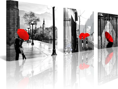 NAN Wind 3 piezas de lienzo moderno Giclée impresiones en blanco y negro con paraguas rojos, lienzo romántico para parejas, pinturas de paisaje rojo