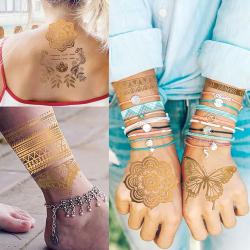 Miniatura 5 de Bilizar 9 hojas de más de 110 diseños de tatuajes temporales de oro flash metálico para mujeres adultas, niñas, león dorado de festival, sol, luna
