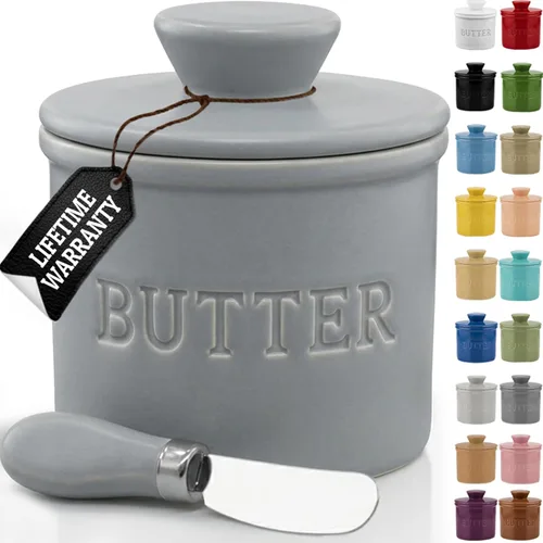 Miniatura 11 de Priority Chef Mantequilla grande con tapa con línea de agua, plato de mantequilla francesa de cerámica para dejar en el mostrador, color negro