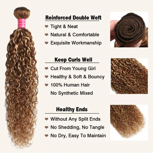 Miniatura 3 de Borchan Paquetes de Cabello Humano Ondulado Water Wave 4/27, Paquetes Rubios con Mechas, Cabello Virgen Brasileño de 14 16 18 Pulgadas, Trama