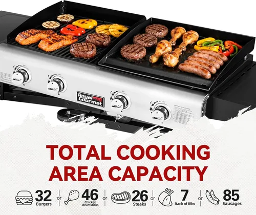 Miniatura 5 de Royal Gourmet GD401 - Parrilla y plancha de gas propano portátil con mesa auxiliar, 4 quemadores, patas plegables, versátil, uso exterior, negro 168