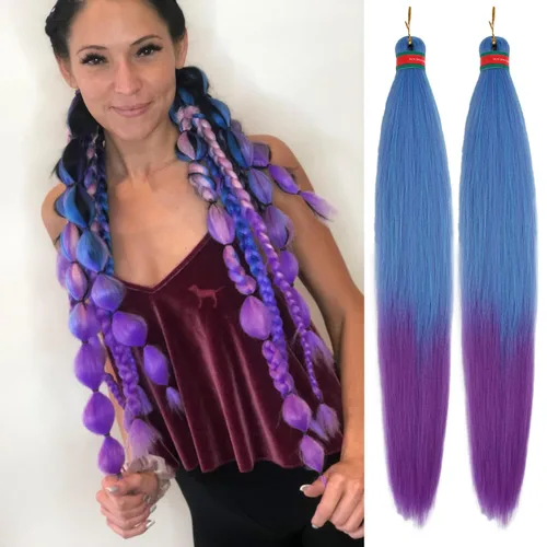 Miniatura 41 de Extensiones de cabello para trenzar verde+verde claro, preestiradas, 2 paquetes, con cabello plumoso pre-trenzado, extensiones de cabello