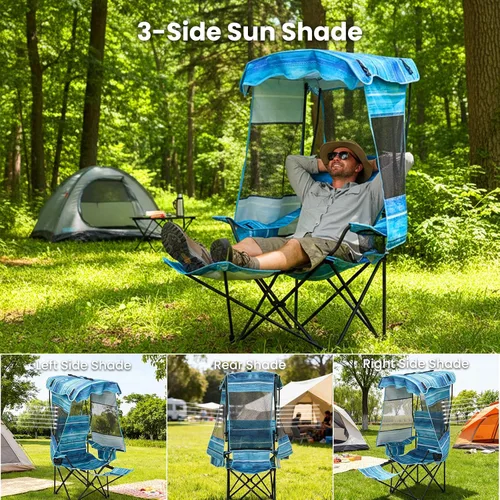 Miniatura 5 de ABORON Silla de camping con toldo, silla de playa plegable con sombra, silla portátil para exteriores con portavasos y bolsa refrigeradora