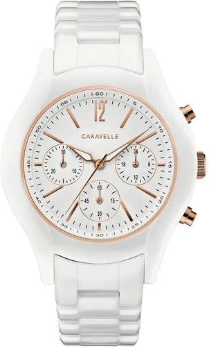 Bulova Reloj de cerámica de dos tonos de cuarzo cronógrafo deportivo para mujer, esfera blanca 45L174, Blanco, Pulsera de cerámica blanca de