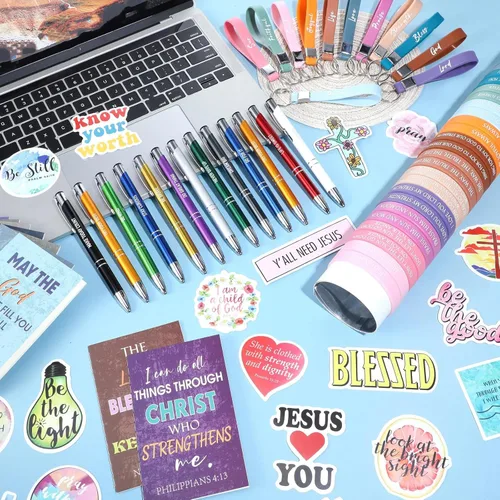 Miniatura 5 de Yeaqee 146 Piezas Conjunto de Regalos Cristianos al Por Mayor Incluye 24 Lápices con Versículos de la Biblia 24 Cuadernos de la Biblia 24 Pulseras