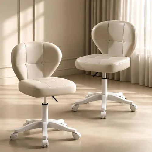 Miniatura 14 de Silla pequeña de oficina con soporte lumbar, silla de escritorio sin brazos de cuero sintético giratoria con altura ajustable, silla compacta Rosa