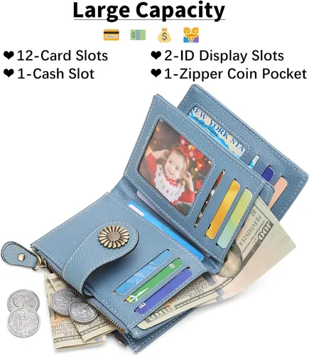 Miniatura 116 de SENDEFN - Billetera pequeña de piel auténtica para mujer, diseño plegable con ventana para tarjeta de identificación
