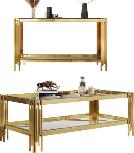 Miniatura 37 de Mesa auxiliar rectangular de vidrio de 48 pulgadas, mesa de centro de 2 niveles con parte superior de vidrio templado negro, patas de acero