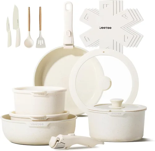 Miniatura 10 de JEETEE Juego de ollas y sartenes antiadherentes, 17 piezas, juegos de utensilios de cocina con mango desmontable, juego de utensilios de cocina