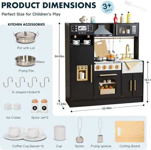Miniatura 9 de Cocina de Juego para Niños, Juego de Cocina de Madera con Accesorios Realistas, Cocina de Lujo para Niños Pequeños, Campana Extractora