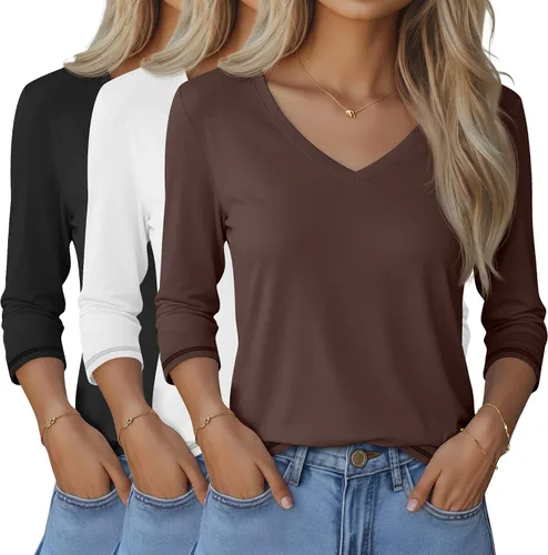 Miniatura 30 de Ficerd Paquete de 3 camisetas de manga 3/4 para mujer, cuello en V, blusas holgadas, blusas casuales, ropa de moda 2026
